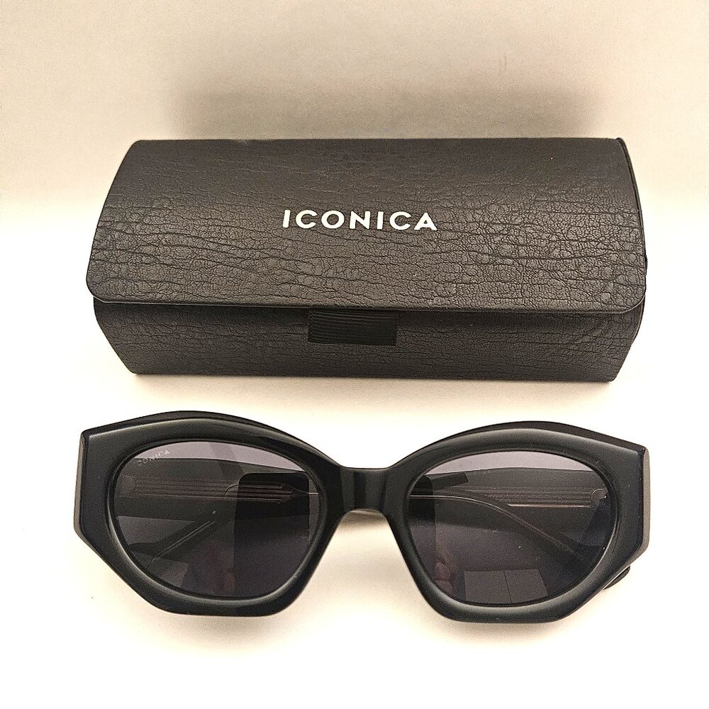 Retro Inspired Black "Iconica" Thick Angular Frame Sunglasses Hard Case Included